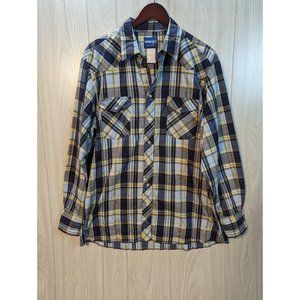 VTG Wrangler Shirt Mens XL Yellow Blue Plaid Western Pearl Snap Cowboy Rodeo